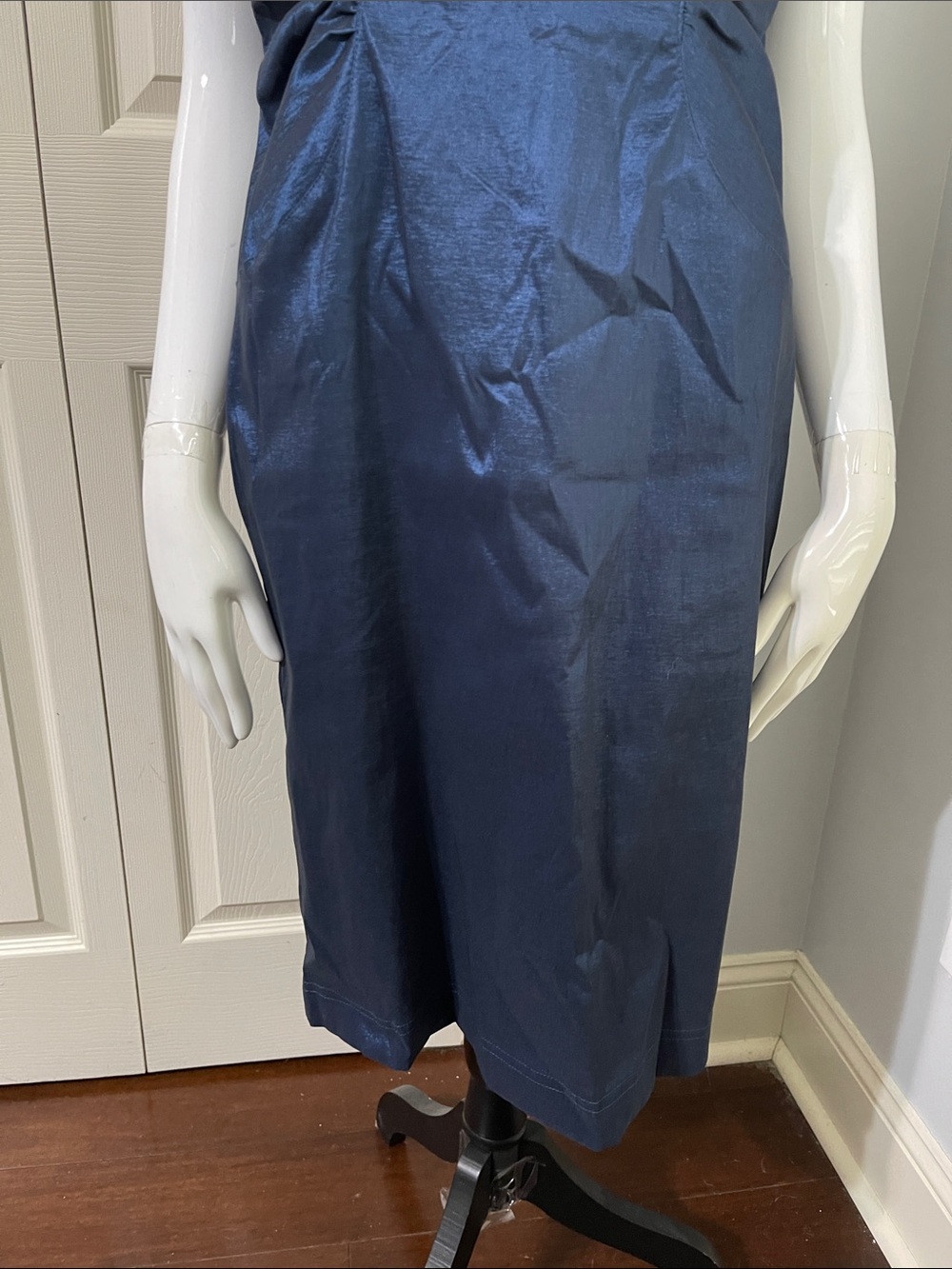 Adrianna Papell Blue Shimmer Sheath Cocktail Dress Ruched Split Neck. #0349 - Picture 8 of 15